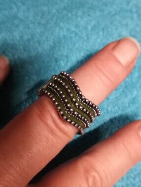 Olive Green Beaded Chevron Stretch Ring